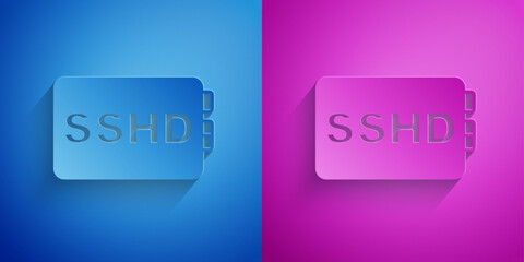 Paper cut SSHD card icon isolated on blue and purple background. Solid state drive sign. Storage disk symbol. Paper art style. Vector