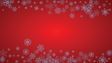 Christmas frame with snowflakes on red background. Santa Claus colors. Horizontal Christmas frame for holiday banners, cards, sales, special offers. Falling snow with bokeh and flakes for celebration