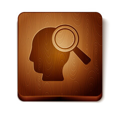 Brown Magnifying glass for search a people icon isolated on white background. Recruitment or selection. Search for employees and job. Wooden square button. Vector