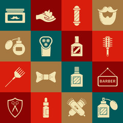 Set Aftershave, Barbershop, Hairbrush, Classic pole, Electrical hair clipper or shaver, Cream lotion cosmetic jar and icon. Vector