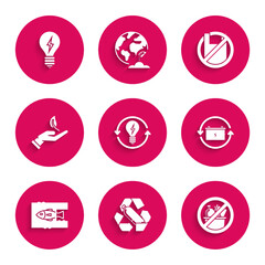 Set Recycle and light bulb with lightning symbol, No trash, Battery recycle, Stop ocean pollution, Sprout hand of environmental protection, Say no bags poster and Light icon. Vector