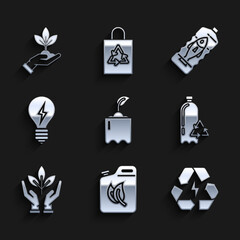 Set Sprout in bottle, Bio fuel canister, Battery with recycle symbol, Recycling plastic, Plant hand of environmental protection, Light bulb lightning, Stop ocean pollution and icon. Vector