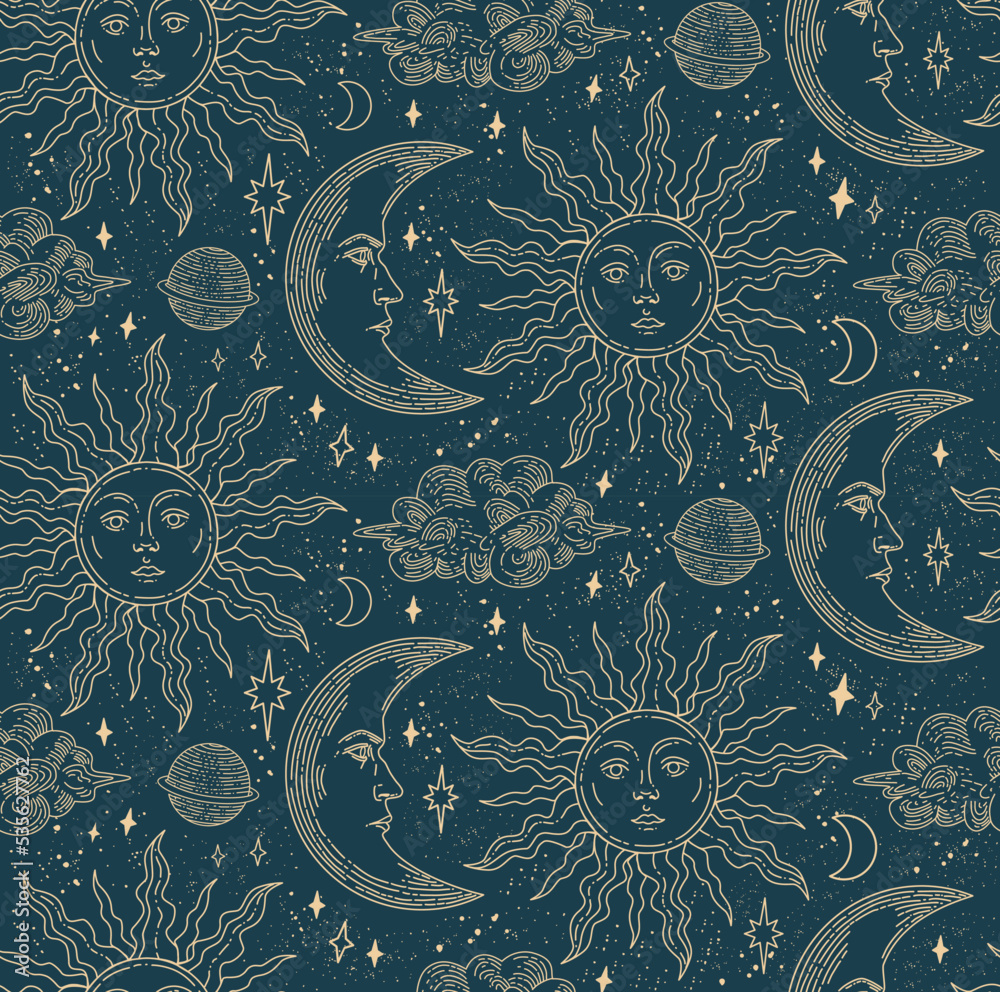 Wall mural seamless pattern with magical elements. set of linear vector illustrations. celestial illustrations 