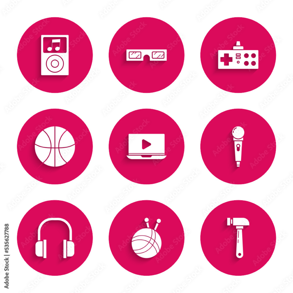 Wall mural Set Online play video, Yarn ball with knitting needles, Hammer, Microphone, Headphones, Basketball, Gamepad and Music player icon. Vector