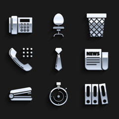 Set Tie, Briefcase, Office folders with papers and documents, News, stapler, Telephone handset, Trash can and icon. Vector