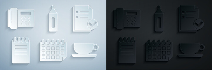 Set Calendar, Document and check mark, Notebook, Coffee cup flat, Marker pen and Telephone icon. Vector