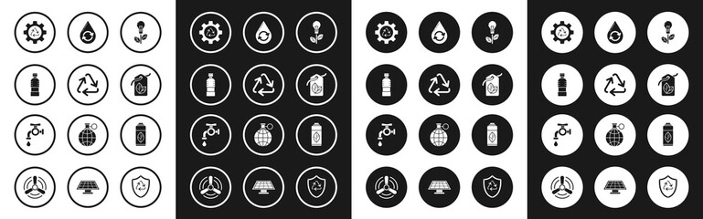 Fototapeta premium Set Light bulb with leaf, Recycle symbol, Bottle of water, and gear, Tag, clean aqua, Recycling plastic bottle and Water tap icon. Vector
