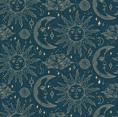 Seamless pattern with magical elements. Set of linear vector illustrations. Celestial illustrations depicting the sun, moon, planet, clouds. design elements for decoration in a modern style.