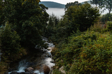 Small flowing river in Golden Mountains at morning sunrise seen from bridge