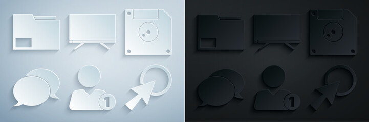 Set Add to friend, Floppy disk for computer data storage, Speech bubble chat, Arrow cursor, Smart Tv and Document folder icon. Vector