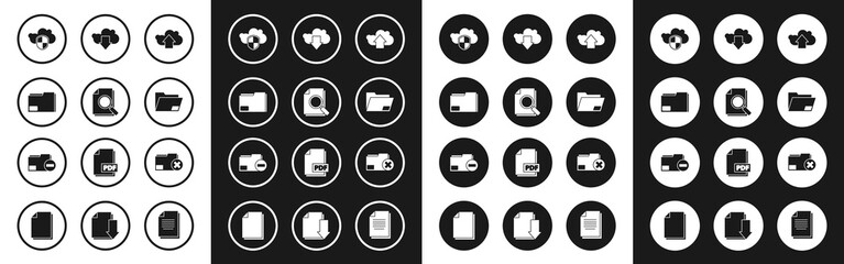 Set Cloud upload, Document with search, folder, and shield, download, Delete and minus icon. Vector