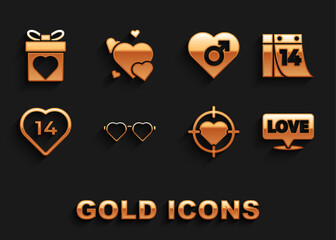 Set Heart shaped love glasses, Calendar with February 14, Speech bubble text, in the center of darts target aim, male gender, Gift box heart and icon. Vector