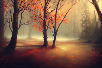 Autumn landscape, lake, forest, art illustration
