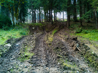 Paths next to mountain trail full of mud made by heavy vehicle