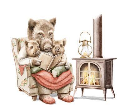 Watercolor Christmas Vintage Family Of Grandpa Boar And Little Piglets In Clothes Reading Book Fairy Tale To Children Near Fireplace Isolated On White Background. Hand Drawn Illustration Sketch