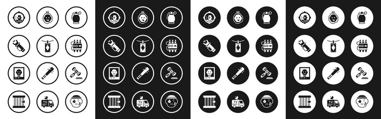 Set Hand grenade, Money laundering, Police electric shocker, Headshot, Dynamite timer clock, Murder, Judge gavel and Wanted poster icon. Vector