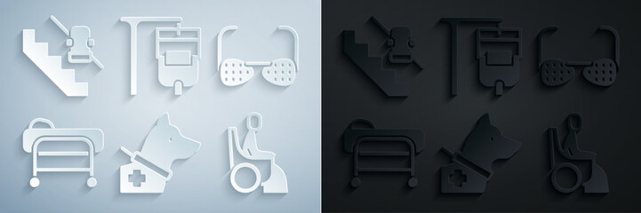 Set Guide dog, Blind glasses, Stretcher, Woman wheelchair, IV bag and Disabled elevator icon. Vector