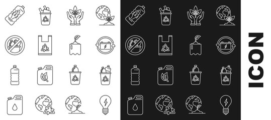 Set line Light bulb with lightning symbol, Recycle bin recycle, Battery, Plant hand of environmental protection, Plastic bag, No trash, Stop ocean plastic pollution and Sprout bottle icon. Vector