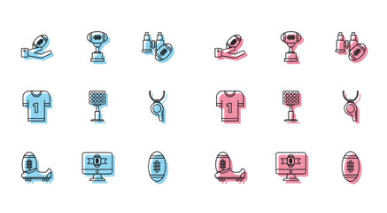 Set line Soccer or football shoes with spikes, American on tv program, Football hand, Bright stadium lights, Whistle, jersey and Award cup icon. Vector