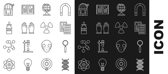 Set line DNA symbol, Magnifying glass, Pills blister pack, Earth globe, Rubber gloves, Glass bottle with pipette, Astronomical observatory and Radioactive icon. Vector