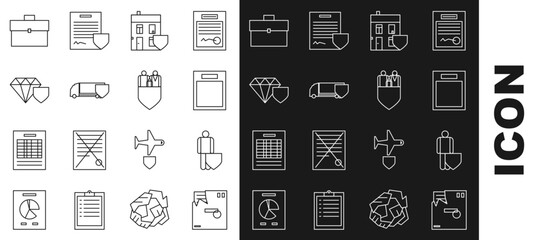 Set line Ordered envelope, Life insurance with shield, Empty form, House, Delivery cargo truck, Diamond, Briefcase and Family icon. Vector