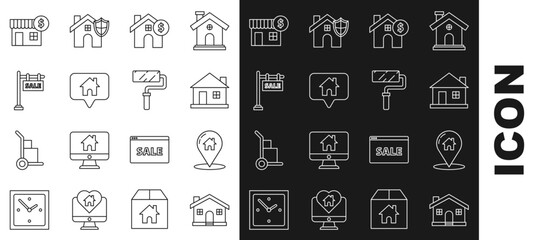 Set line House, Map pointer with house, dollar symbol, Hanging sign text Sale, and Paint roller brush icon. Vector