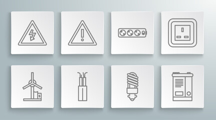 Set line Wind turbine, Exclamation mark triangle, Electric cable, LED light bulb, Car battery, extension cord, Electrical outlet and High voltage sign icon. Vector