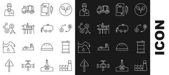 Set line Oil industrial factory building, Barrel oil, exchange, Contract money and pen, platform the sea, Molecule, Oilman and icon. Vector
