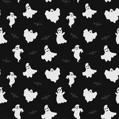 Seamless pattern. Ghosts and bats for Halloween on dark background. Vector illustration