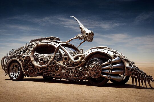 surrealistic car made of bones, biomechanical vehicle, crazy post-apocalyptic automobile, digital illustration