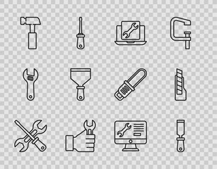 Fototapeta na wymiar Set line Screwdriver and wrench, Rasp metal file, Laptop service, Wrench spanner, Hammer, Putty knife, Computer monitor and Stationery icon. Vector