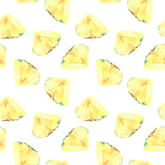 Watercolor seampless pattern pineapple slice, juicy fruit illustration, white bright background, colorful Pattern for kids, wallpaper,digital paper, repeating background,fabric,gift wrap, print diy	
