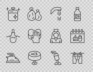 Set line Electric iron, Drying clothes, Shower head, Stain tablecloth, Clean cooking pot, Cleaning service, Vacuum cleaner and calendar icon. Vector
