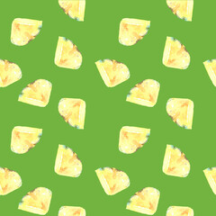 Watercolor green seampless pattern pineapple slice, juicy fruit illustration, white bright background, colorful Pattern for kids, wallpaper,digital paper, repeating background,fabric,gift wrap, print