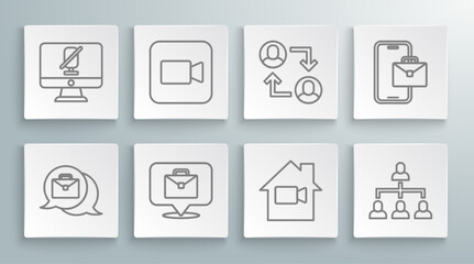 Fototapeta premium Set line Online working, Camera, Video camera Off home, Hierarchy organogram chart, Project team base, Freelancer and Mute microphone on computer icon. Vector