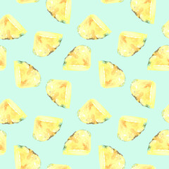 Watercolor turquoise seampless pattern pineapple slice, juicy fruit illustration, white bright background, colorful Pattern for kids, wallpaper,digital paper, repeating background,fabric,gift wrap 