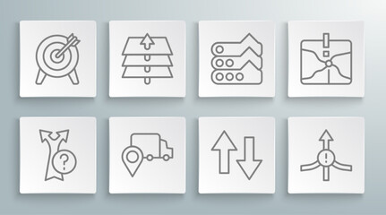 Set line Arrow, Layers, Delivery tracking, Graph, chart, diagram, Intersection point and Target icon. Vector