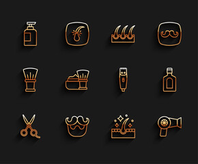 Set line Scissors hairdresser, Mustache and beard, Bottle of shampoo, Oil for care treatment, Hair dryer, Shaving brush with foam, and clipper icon. Vector