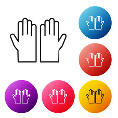 Obraz premium Black line Medical rubber gloves icon isolated on white background. Protective rubber gloves. Set icons colorful circle buttons. Vector
