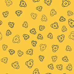 Blue line Molecule icon isolated seamless pattern on yellow background. Structure of molecules in chemistry, science teachers innovative educational poster. Vector