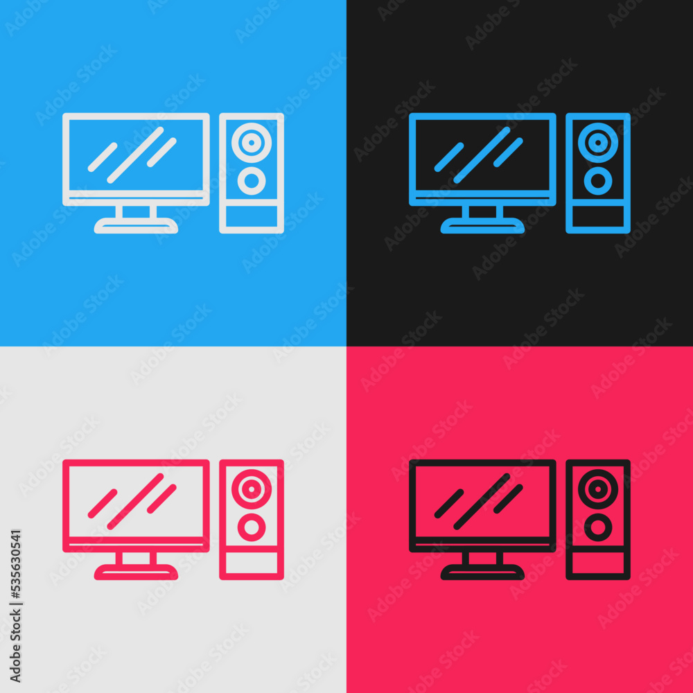 Poster pop art line computer monitor icon isolated on color background. pc component sign. vector