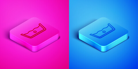 Isometric line Washing under 30 degrees celsius icon isolated on pink and blue background. Temperature wash. Square button. Vector