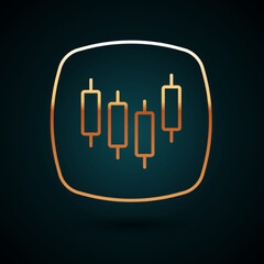 Gold line Browser with stocks market growth graphs and money icon isolated on dark blue background. Monitor with stock charts arrow on screen. Vector