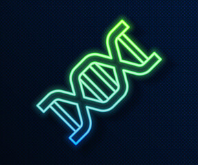 Glowing neon line DNA symbol icon isolated on blue background. Vector