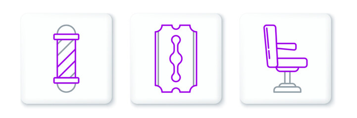 Set line Barbershop chair, Classic pole and Blade razor icon. Vector