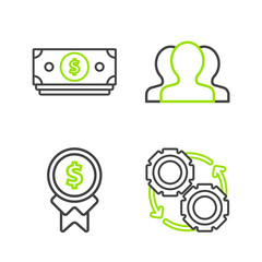 Set line Gear and arrows as workflow process concept, Reward for good, Users group and Stacks paper money cash icon. Vector