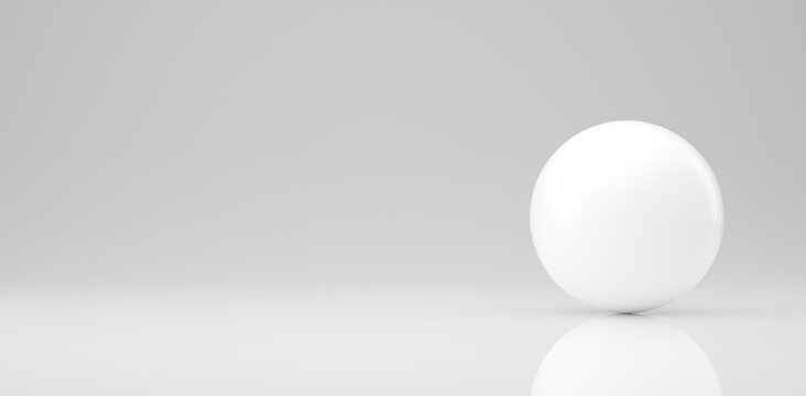 White Sphere In A Light Gray Room Infinite Background Wallpaper Banner. Place For Text, Mockup, Copy Space. 3d Illustration. Minimal Concept.