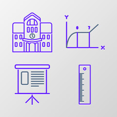 Set line Ruler, Presentation financial board with graph, schedule, chart, diagram, infographic, pie graph, Pie and School building icon. Vector