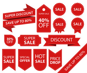 Set of red sale tags and labels. Vector illustration