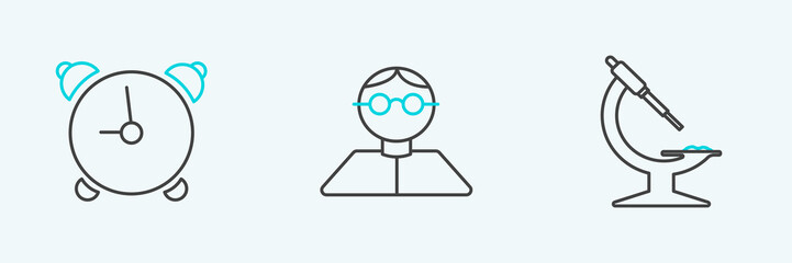 Set line Microscope, Alarm clock and Student icon. Vector